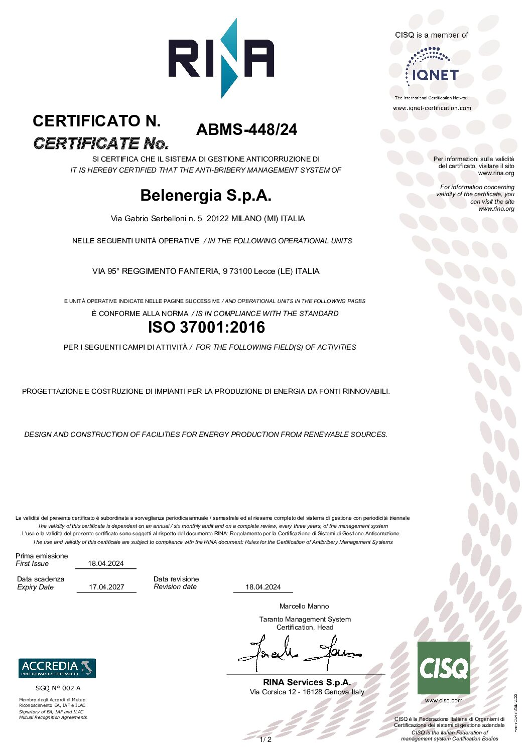Belenergia certifié ISO 37001